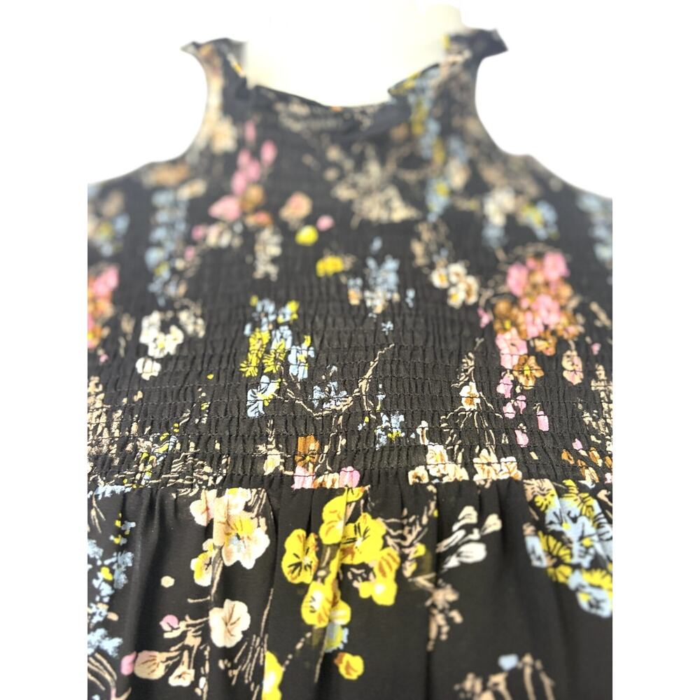 Cinq à Sept Black Floral Smocked Mini Dress Size 8 Romantic Ruffle Mock Neck - Picture 5 of 10